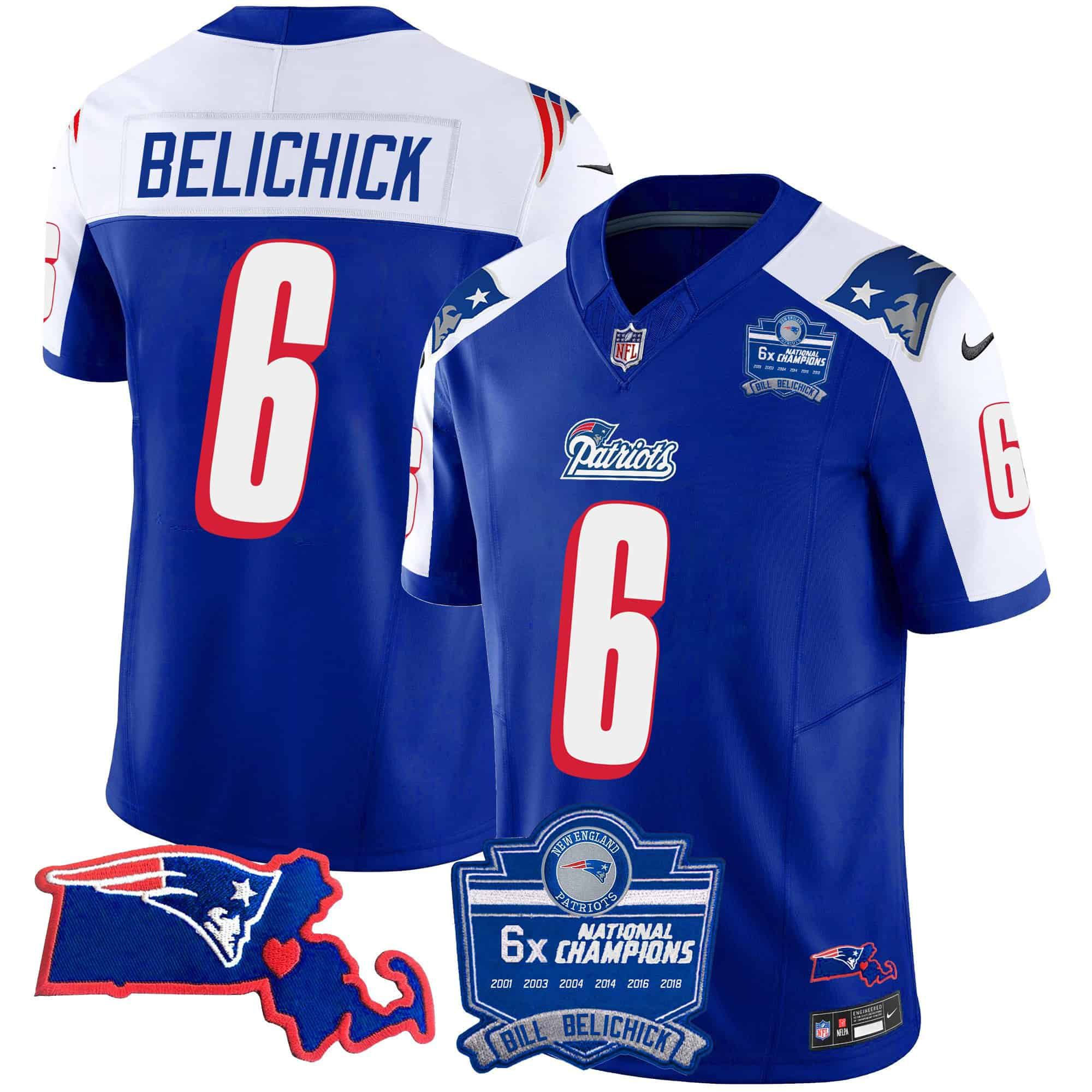 Men New England Patriots #6 Belichick Blue 2024 Nike 6x Champions Patch Vapor Limited NFL Jersey